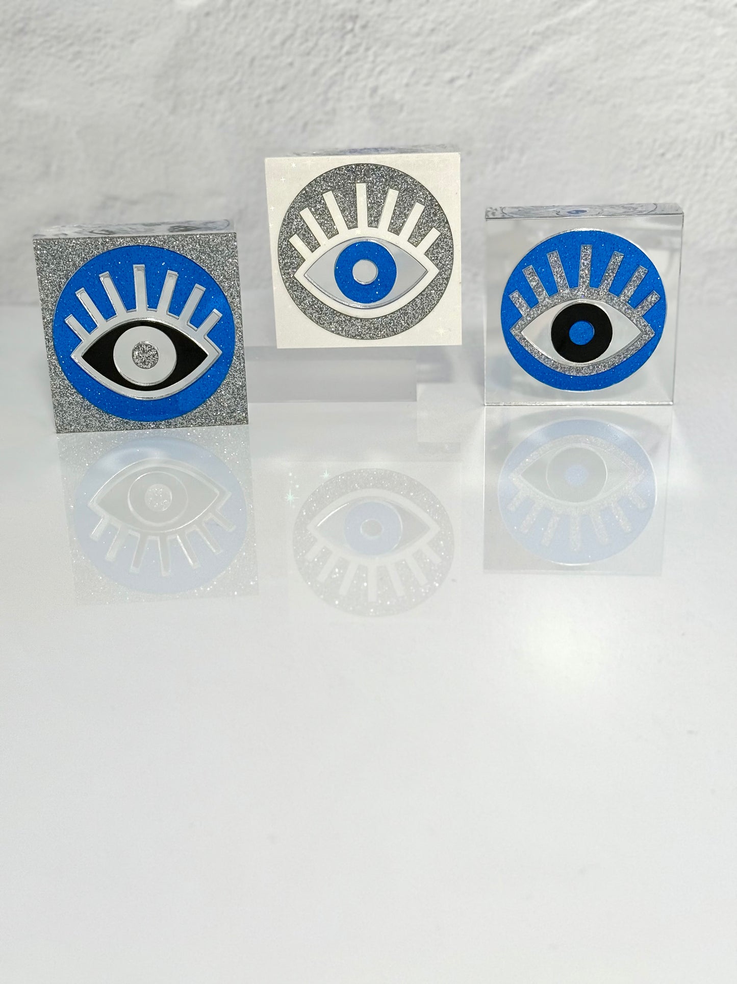 EVIL Eye Block-3 inch irridescent white with blue circle