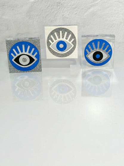 EVIL Eye Block-3 inch irridescent white with blue circle