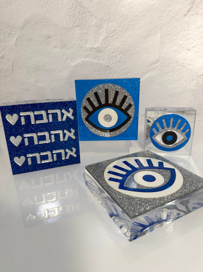 EVIL Eye Block-3 inch irridescent white with blue circle