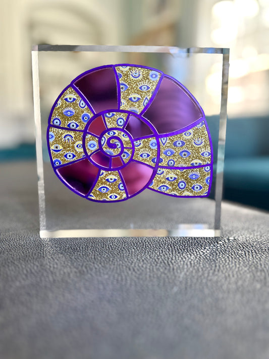 Evil Eye Gold/Purple Mirror Shell Acrylic Block #2