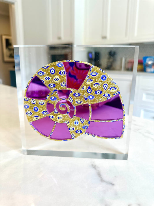 Evil Eye Gold/ Purple Mirror Shell Acrylic Block